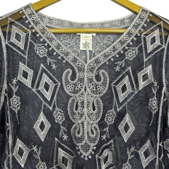 Ultra Pink Mesh Embroidered Tunic Top Size M Gray Silver Fairy Grunge Whimsigoth - Picture 3 of 10
